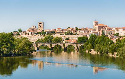Panorama of Zamora with Romanesque style cathedral and ancient bridge over Duero river.
